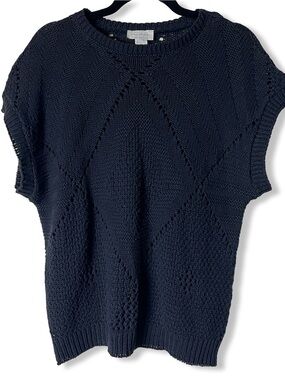 Preppy Across America By Knit Maven Vintage Hand Knit Sweater Navy Blue 80s Sz S